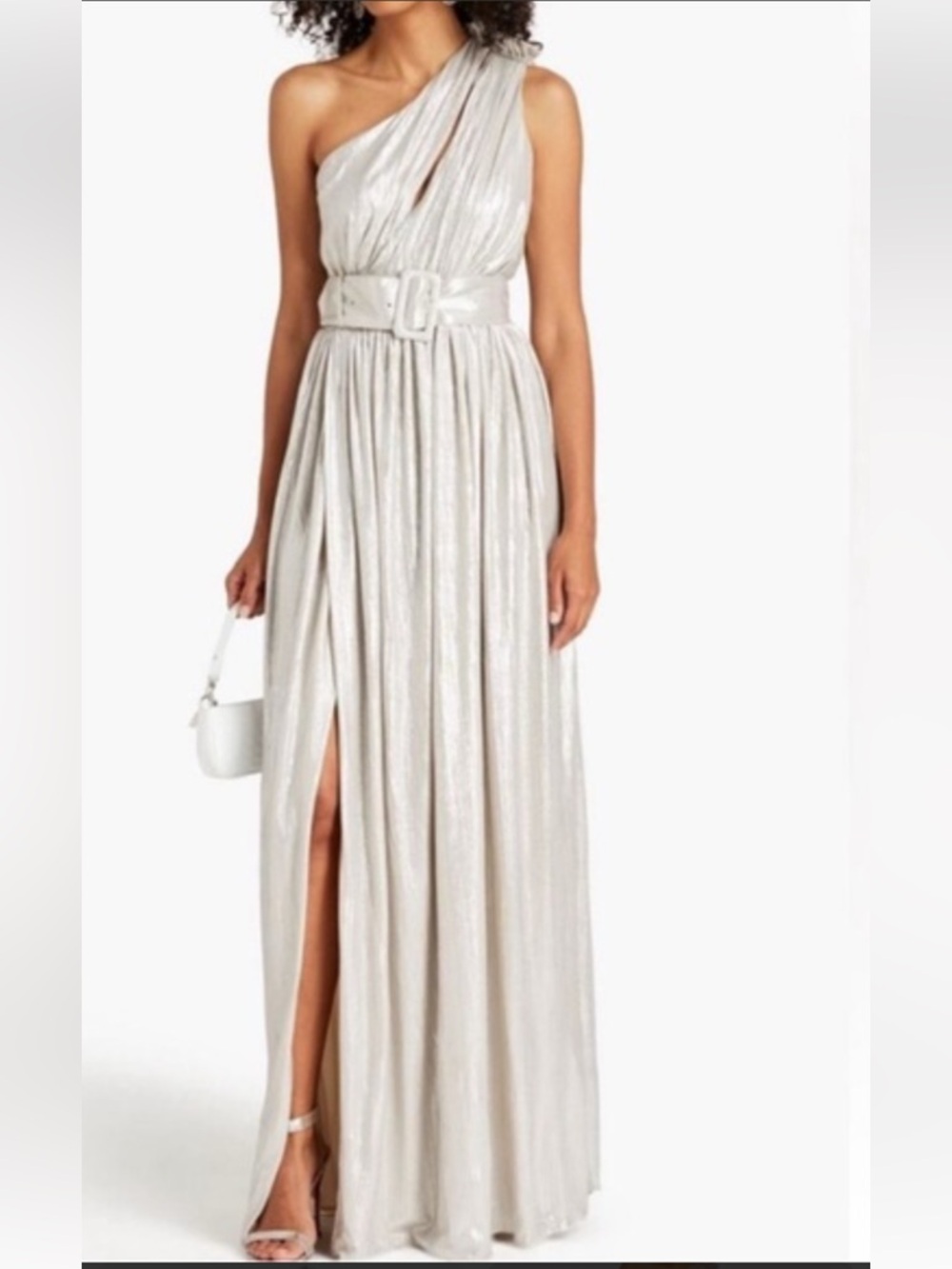 One-Shoulder Metallic Silver Evening Gown